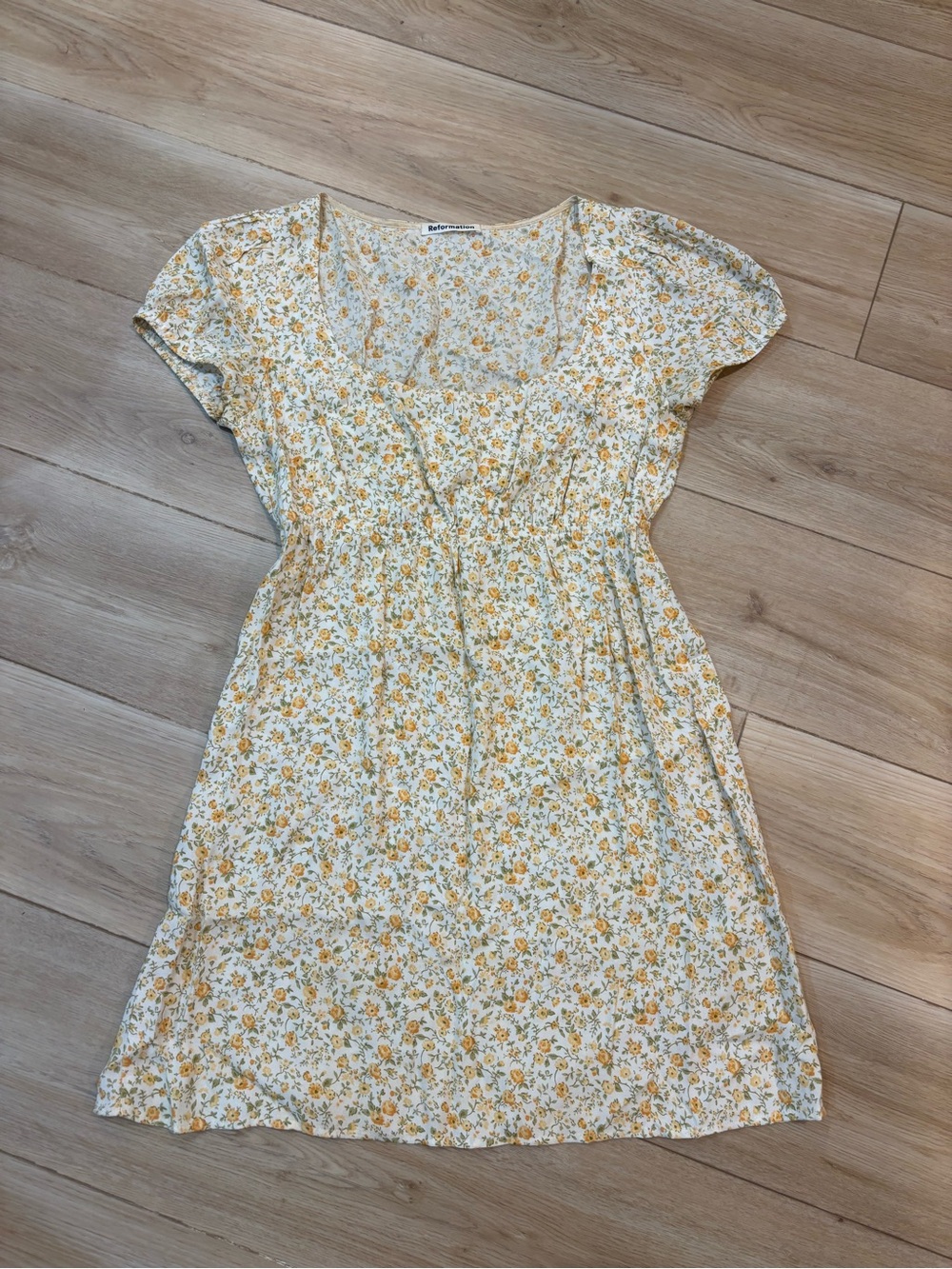 Reformation S/S Empire Waist Mini Dress Medium M Yellow White Floral USA Made